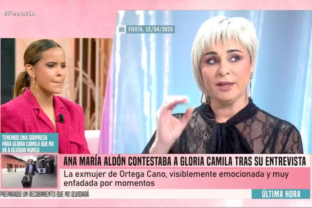 En la imagen se observa a Gloria Camila y Ana María Aldón en un programa de televisión, una de ellas lleva un traje rosa y parece estar escuchando atentamente, mientras que la otra, con cabello corto y rubio, está hablando y gesticulando, en la parte inferior hay texto que menciona una respuesta a una entrevista y se destaca que una de las mujeres está visiblemente emocionada y enfadada. Captura de 'Fiesta' En la imagen se observa a Gloria Camila y Ana María Aldón en un programa de televisión, una de ellas lleva un traje rosa y parece estar escuchando atentamente, mientras que la otra, con cabello corto y rubio, está hablando y gesticulando, en la parte inferior hay texto que menciona una respuesta a una entrevista y se destaca que una de las mujeres está visiblemente emocionada y enfadada. Captura de 'Fiesta'
