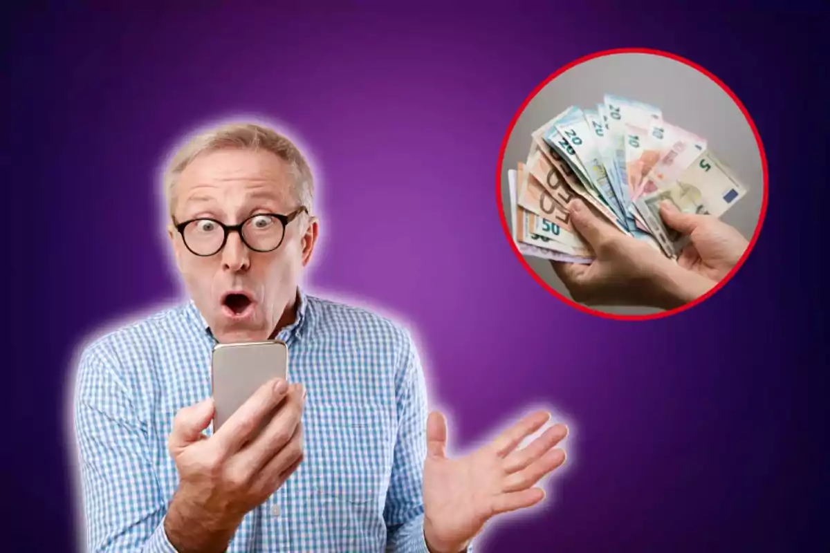 Hombre sorprendido mirando su teléfono con una imagen de dinero en efectivo en un círculo rojo sobre un fondo púrpura.