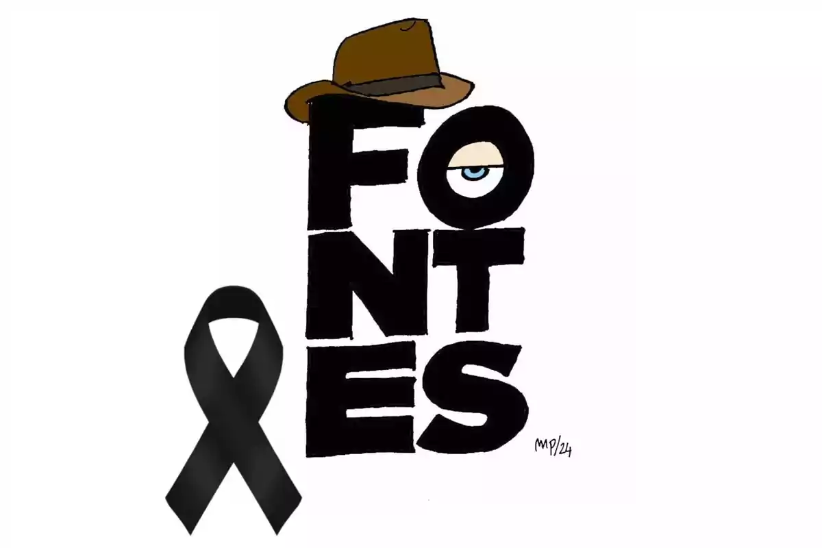 La imagen muestra la palabra "FONTES" en letras negras, con un sombrero marrón sobre la letra "F" y un ojo en la letra "O", junto a un lazo negro de luto.