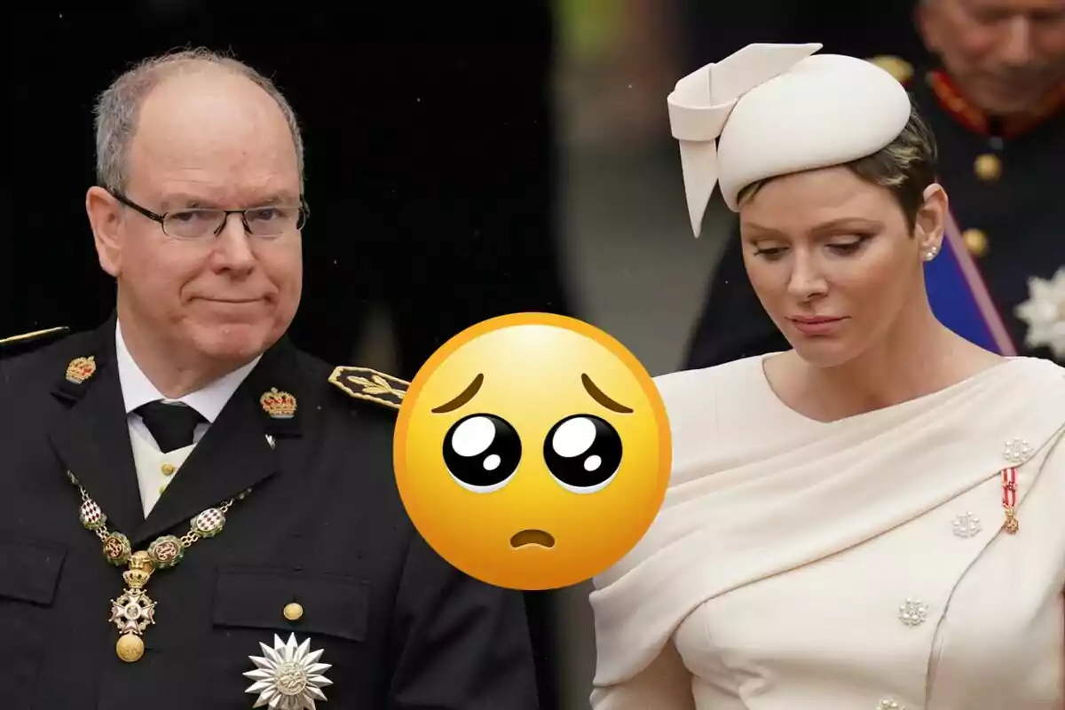 Una pareja vestida formalmente camina junta mientras un emoji con expresión triste está superpuesto en el centro de la imagen.