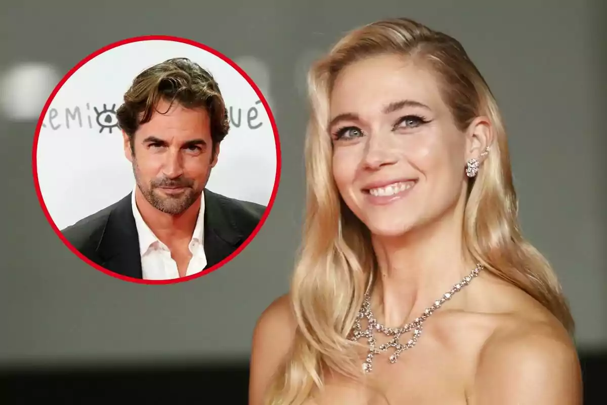 Una mujer sonriente con cabello rubio y joyas elegantes, con un recuadro que muestra a un hombre con barba y cabello castaño.