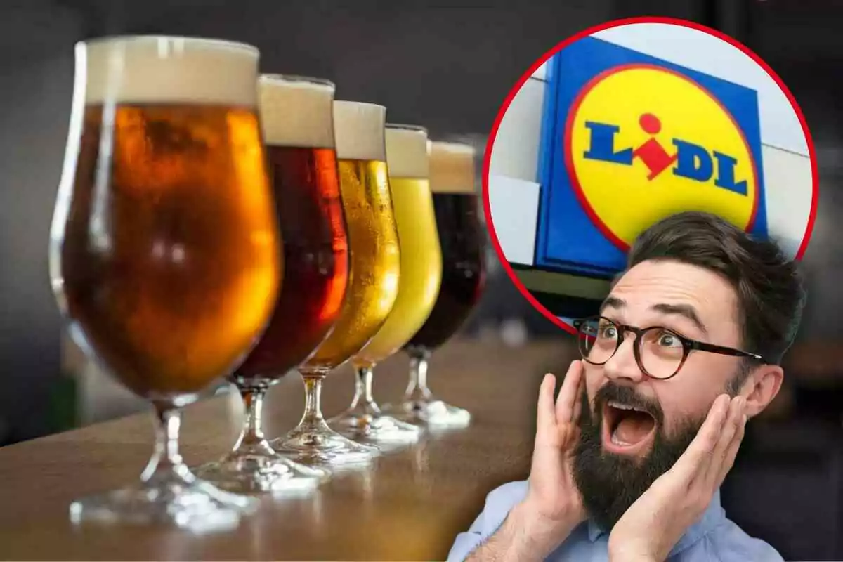 Hombre sorprendido junto a una fila de cervezas y el logo del supermercado Lidl.