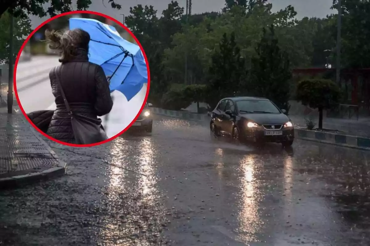 Fotomontaje con una imagen de fondo de unos coches circulando por una carretera inundada y al frente en una redonda roja una mujer con un paraguas con problemas por el viento