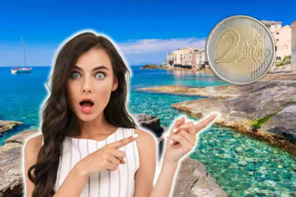 Mujer sorprendida señalando una moneda de dos euros sobre un fondo de mar y casas costeras.