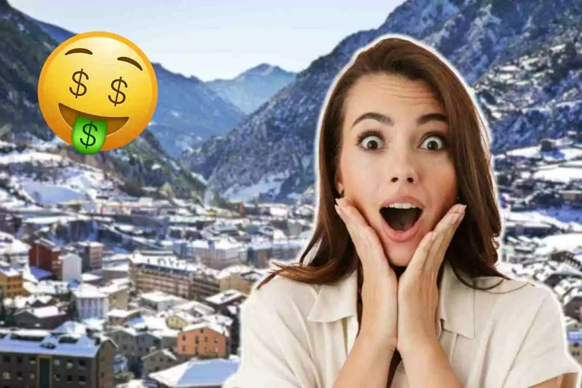 Mujer sorprendida con emoji de dinero sobre un paisaje montañoso nevado en Andorra.