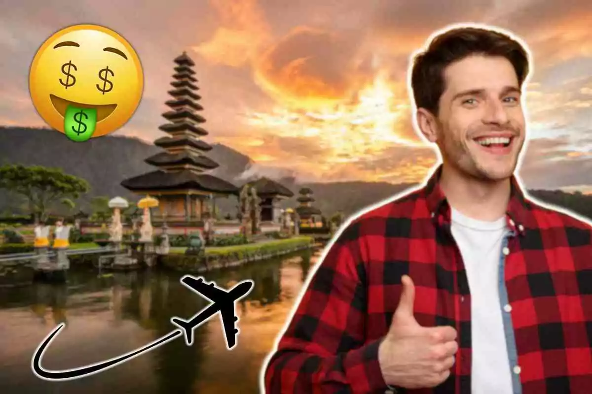 Un hombre sonriente con camisa a cuadros hace un gesto de aprobación frente a un templo exótico al atardecer, acompañado de un emoji de dinero y un icono de avión.