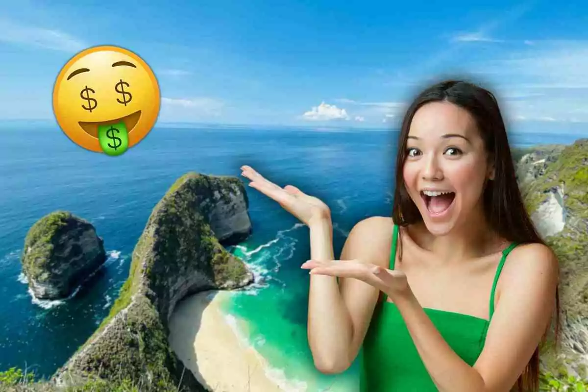 Mujer sonriente con vestido verde señalando un paisaje costero en Bali con un emoji de cara con signos de dólar en los ojos y lengua.