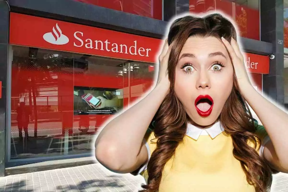 Una mujer con expresión de sorpresa frente a una sucursal del banco Santander.