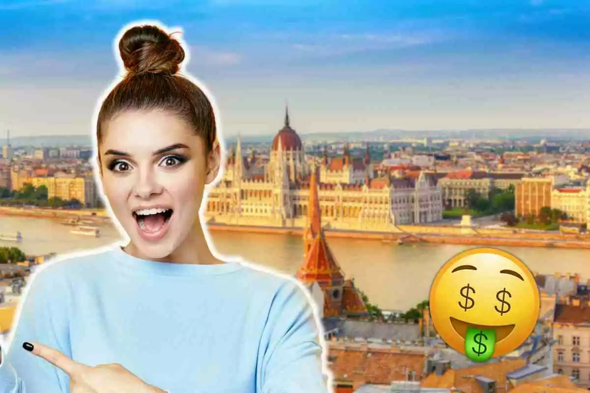 Mujer emocionada señalando hacia un paisaje urbano con un emoji de dinero.