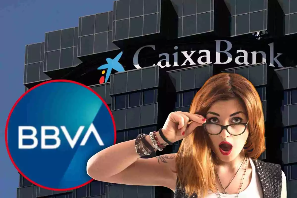 Una mujer con expresión de sorpresa frente a un edificio de CaixaBank y el logo de BBVA.