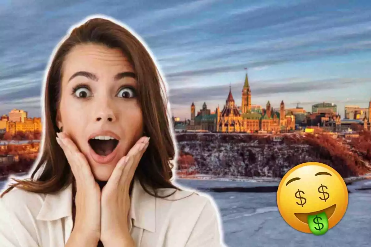 Una mujer con expresión de sorpresa frente a un paisaje urbano en Canadá con un emoji de dinero.