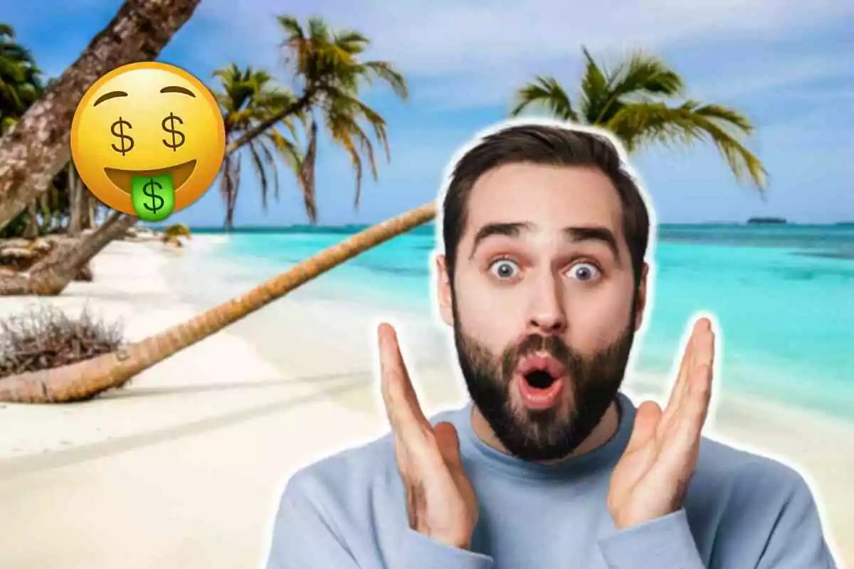 Hombre sorprendido con las manos en las mejillas en una playa tropical con palmeras y un emoji de cara con signos de dólar en los ojos y lengua.