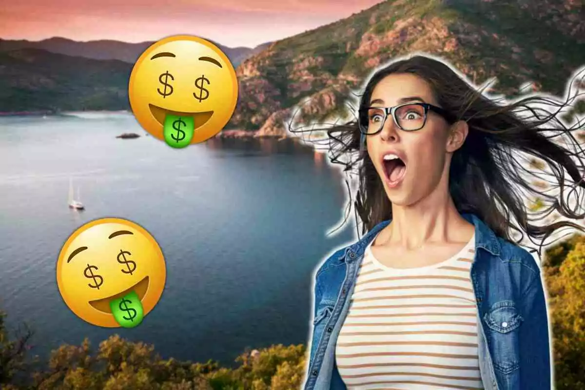 Una mujer con expresión de sorpresa y emojis de dinero sobre un paisaje costero.