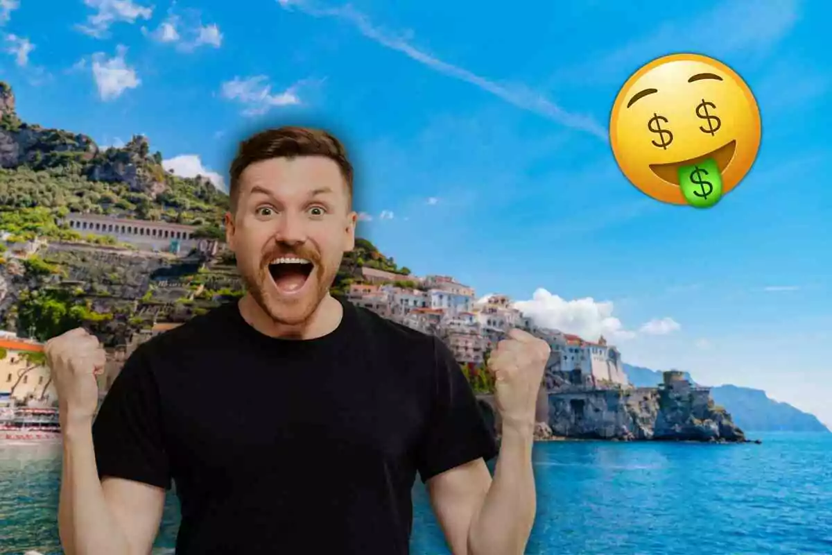 Hombre emocionado con un emoji de dinero en un paisaje costero.