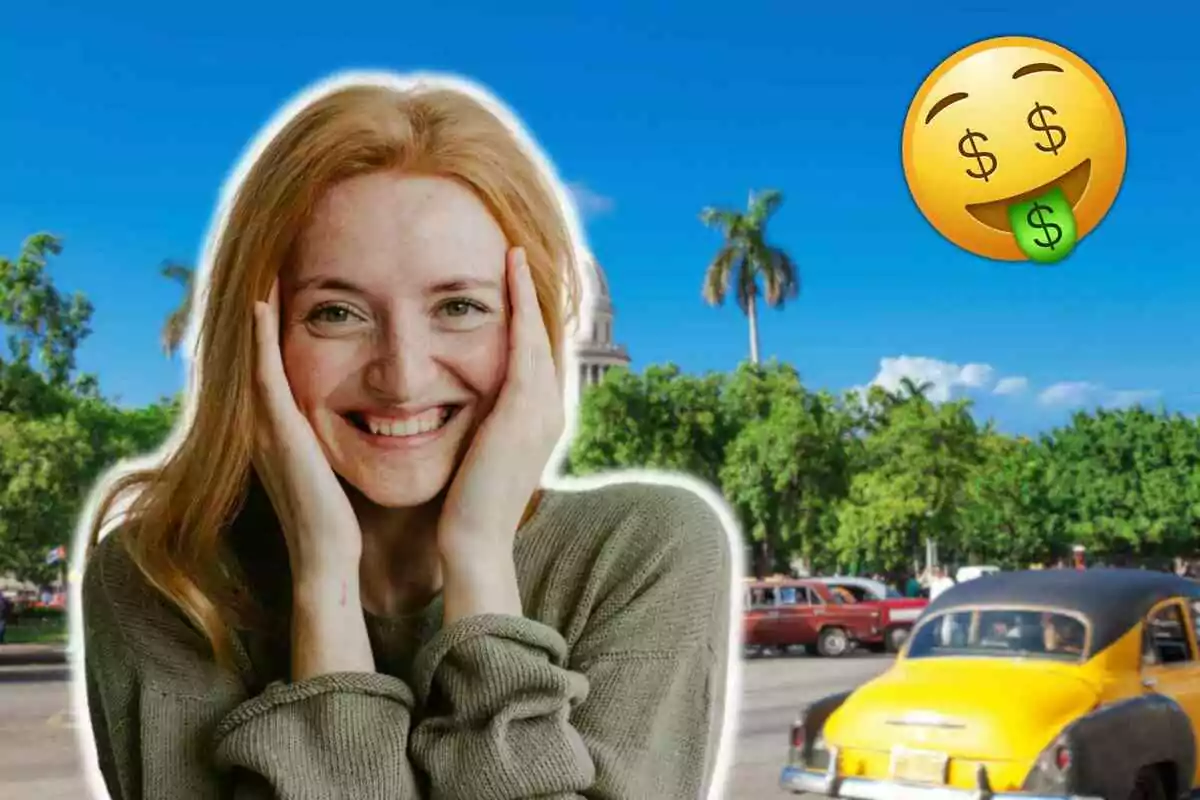 Una mujer sonriente con las manos en las mejillas sobre un fondo de paisaje urbano con palmeras y un auto clásico amarillo, junto a un emoji con signos de dólar en los ojos y la lengua.