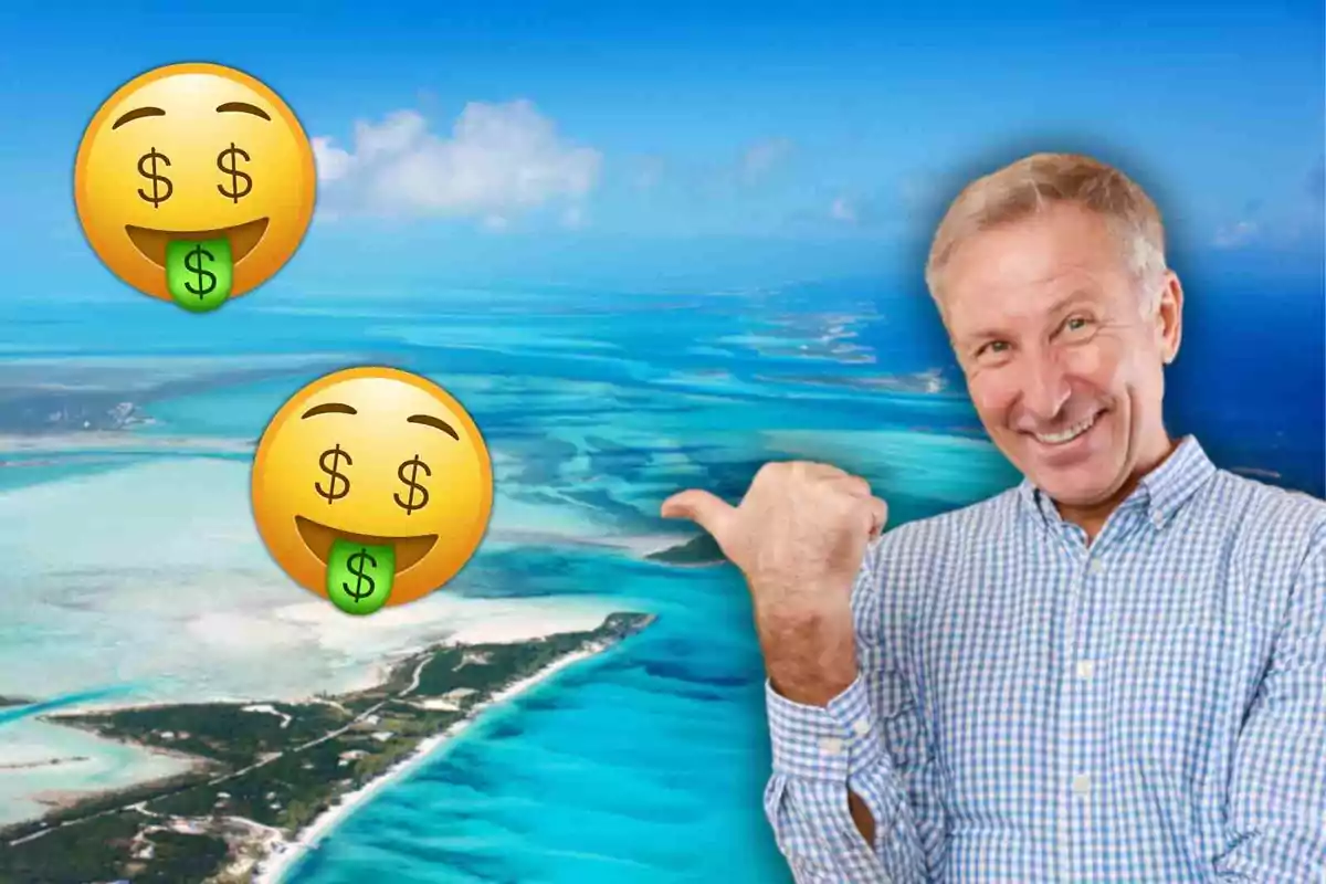 Hombre sonriente señalando hacia un paisaje de playa con emojis de cara con signos de dólar en los ojos y lengua.