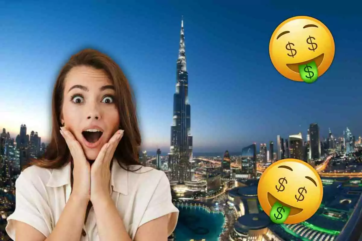 Mujer sorprendida frente al Burj Khalifa con emojis de dinero.