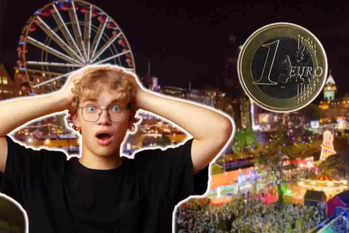 Un joven con expresión de sorpresa se agarra la cabeza frente a un parque de atracciones iluminado por la noche con una gran noria y una moneda de un euro flotando a su lado.