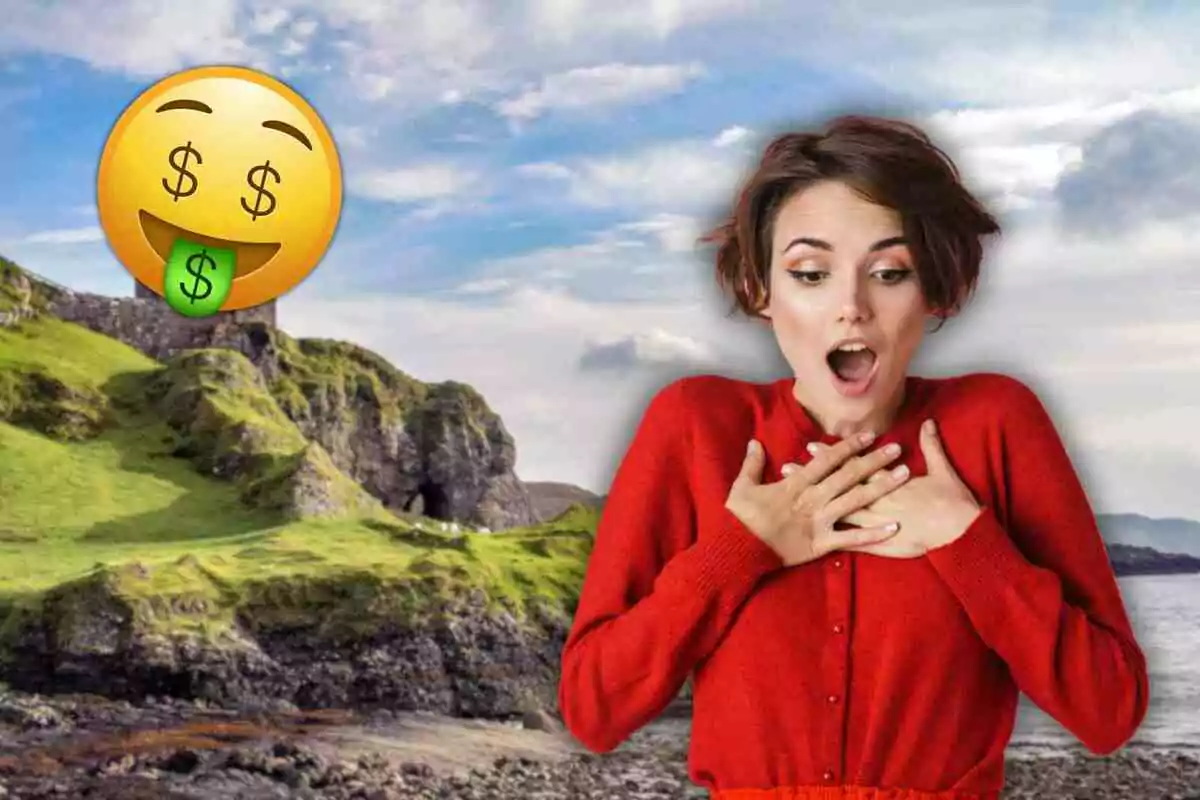 Una mujer con expresión de sorpresa y un emoji con ojos de signo de dólar sobre un paisaje verde y rocoso en Escocia.