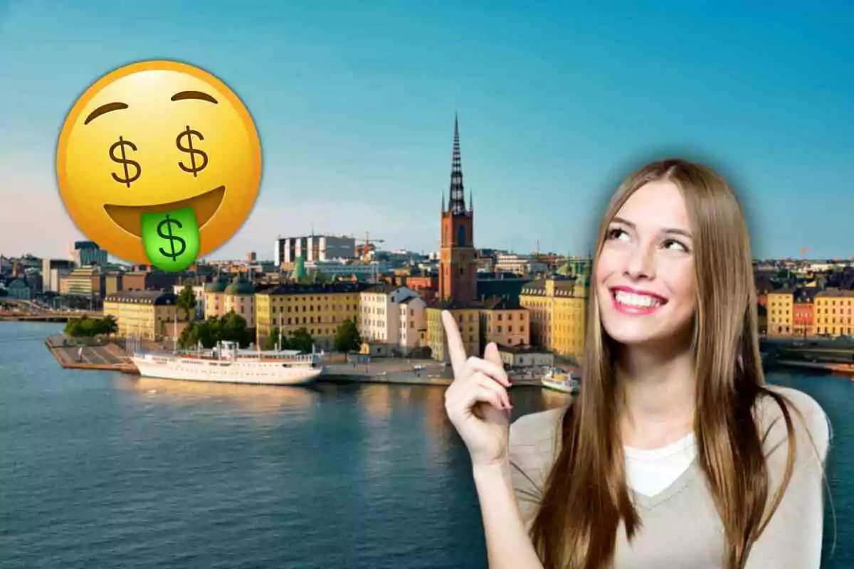 Una mujer sonriente señala hacia un emoji con signos de dólar en los ojos y la lengua, con un paisaje urbano en Estocolmo y un río de fondo.