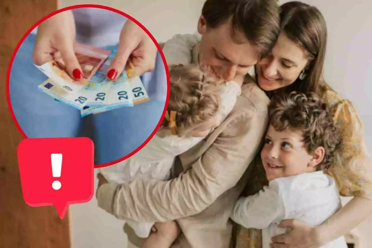 Una familia abrazándose con una imagen insertada de una persona contando billetes de euro.