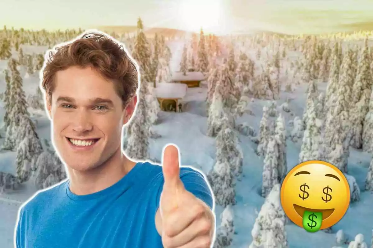 Un hombre sonriente con pulgar arriba frente a un paisaje nevado en Finlandia con un emoji de cara con lengua de dinero.