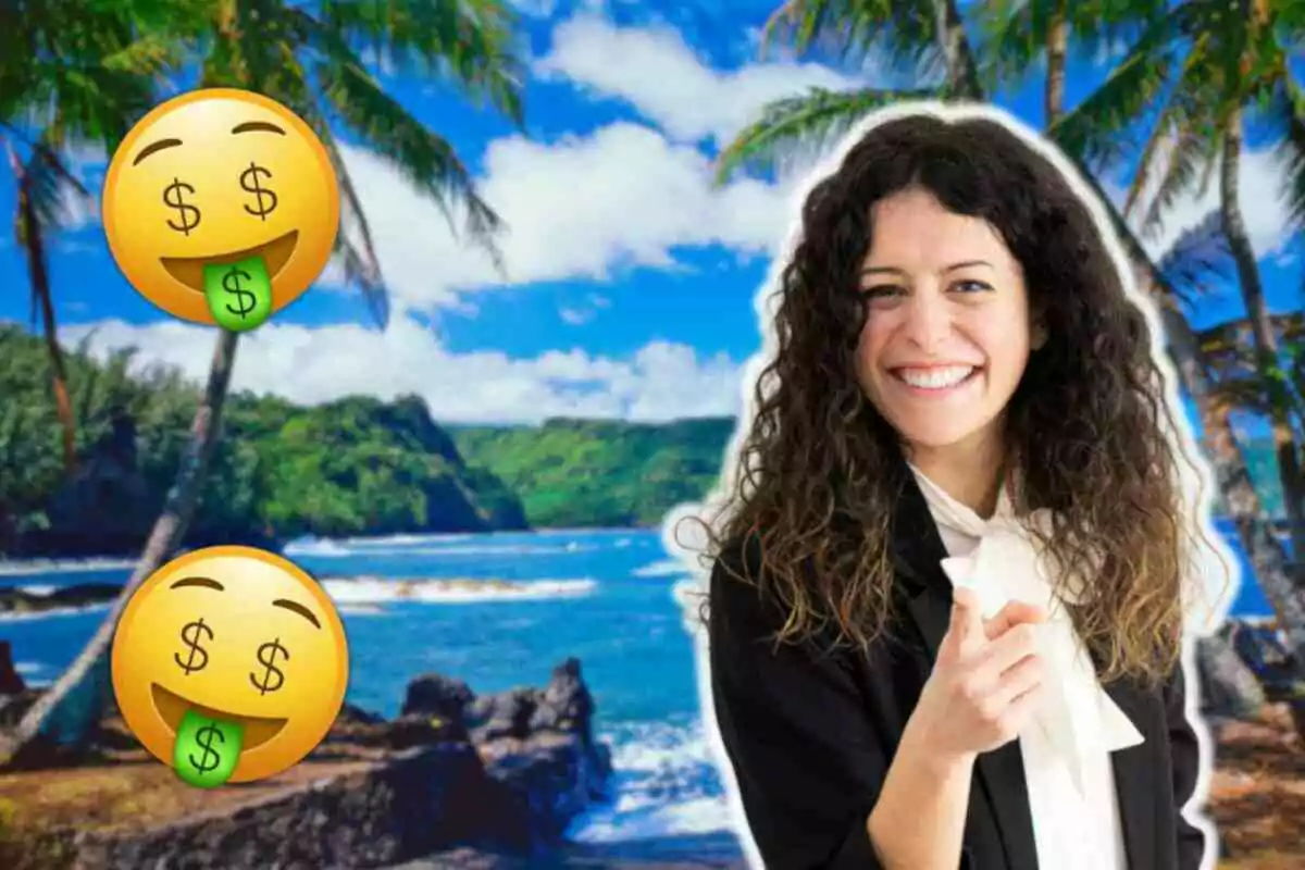 Una mujer sonriente señala hacia adelante mientras está de pie frente a un paisaje tropical con palmeras y emojis de cara con signos de dólar.