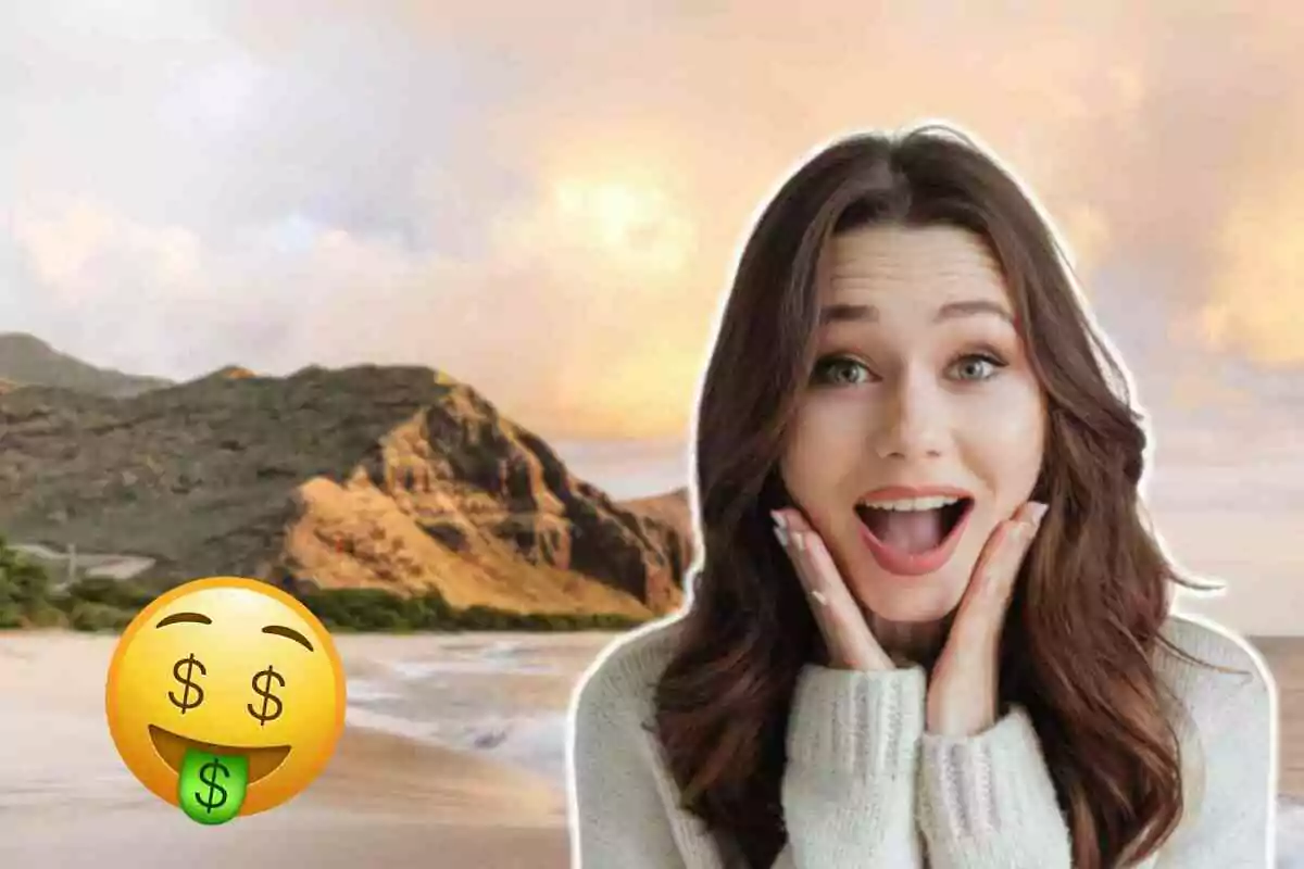 Mujer sorprendida frente a un paisaje de playa en Hawái con emoji de cara con signos de dólar en los ojos y lengua.