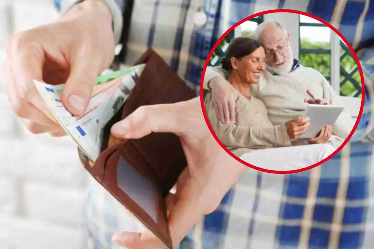 Persona sacando dinero de una billetera con una imagen superpuesta de una pareja de ancianos usando una tableta.