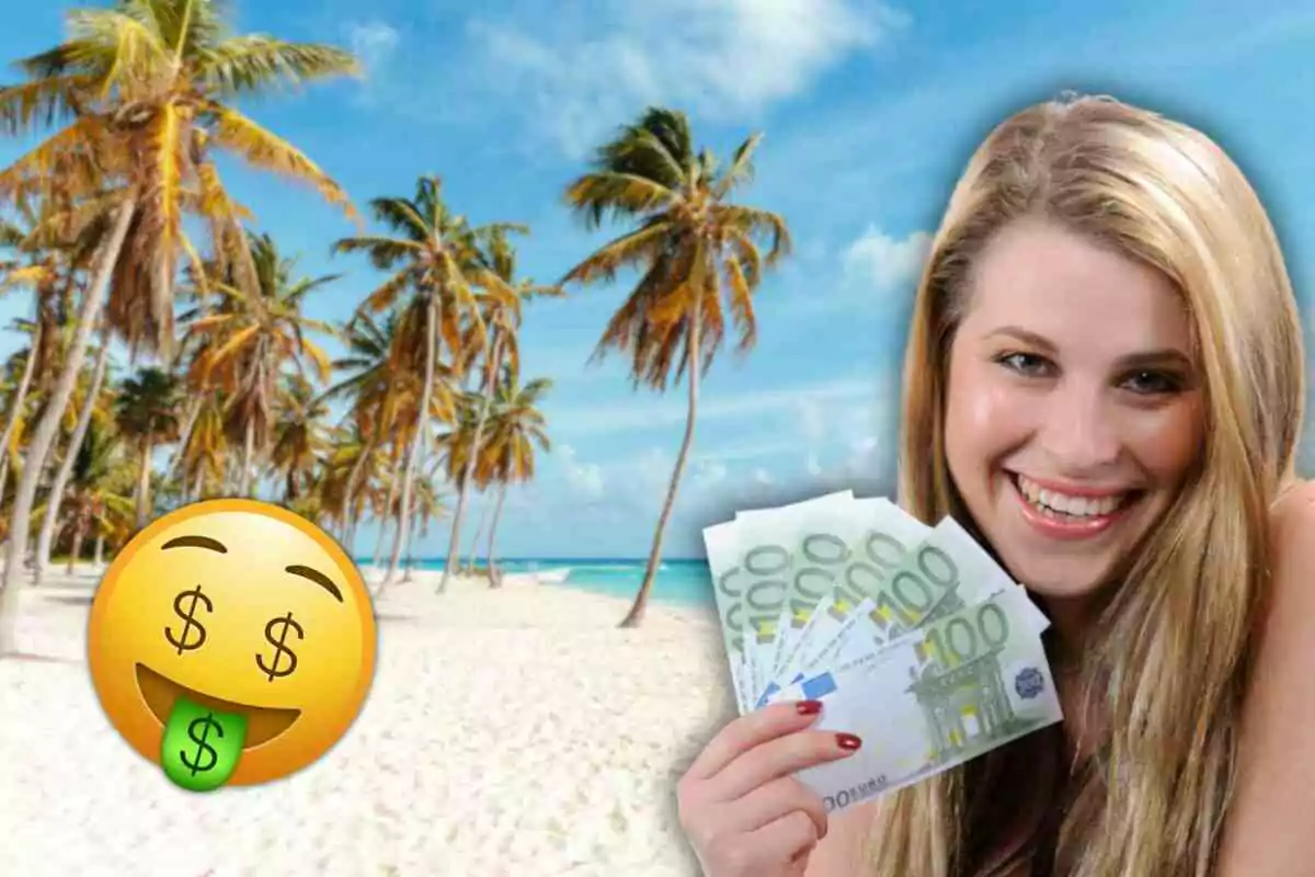 Una mujer sonriente sostiene billetes de euro en una playa con palmeras y un emoji de cara feliz con signos de dólar en los ojos.