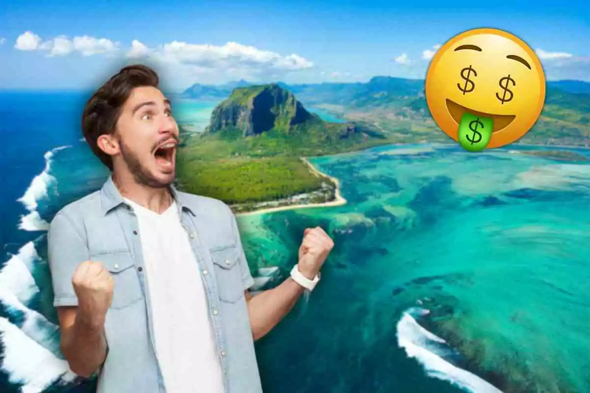 Hombre emocionado con un paisaje tropical de fondo y un emoji con signos de dólar en la lengua.