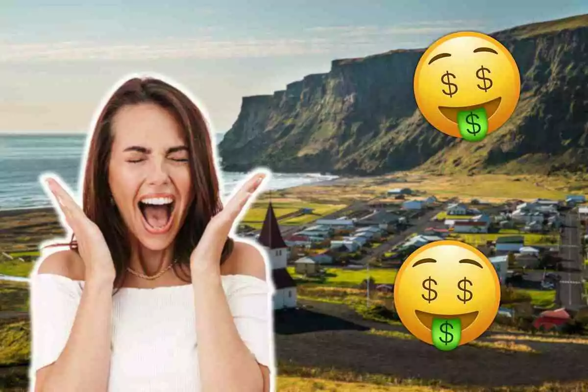 Mujer emocionada con emojis de dinero sobre un paisaje costero con acantilados y un pueblo en Islandia.