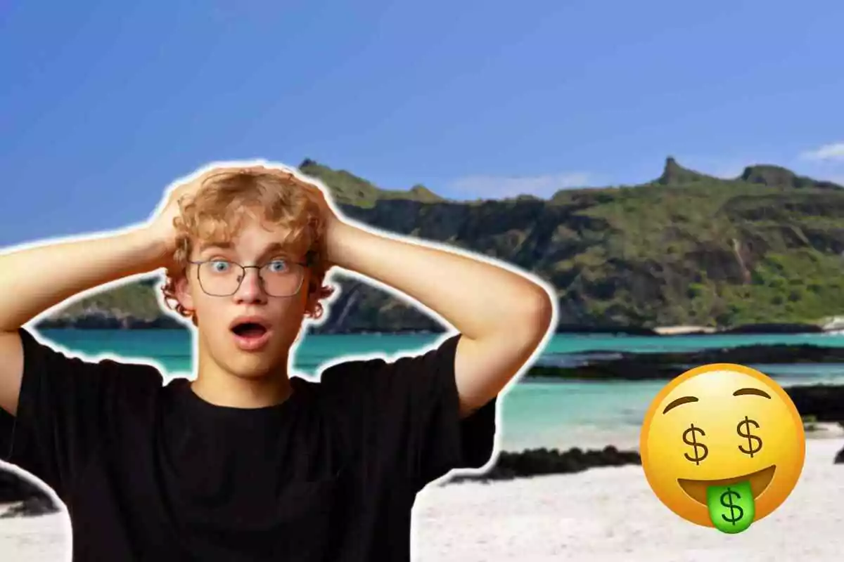 Un joven con expresión de sorpresa se encuentra frente a un paisaje de playa con un emoji de cara con signos de dólar en la lengua.