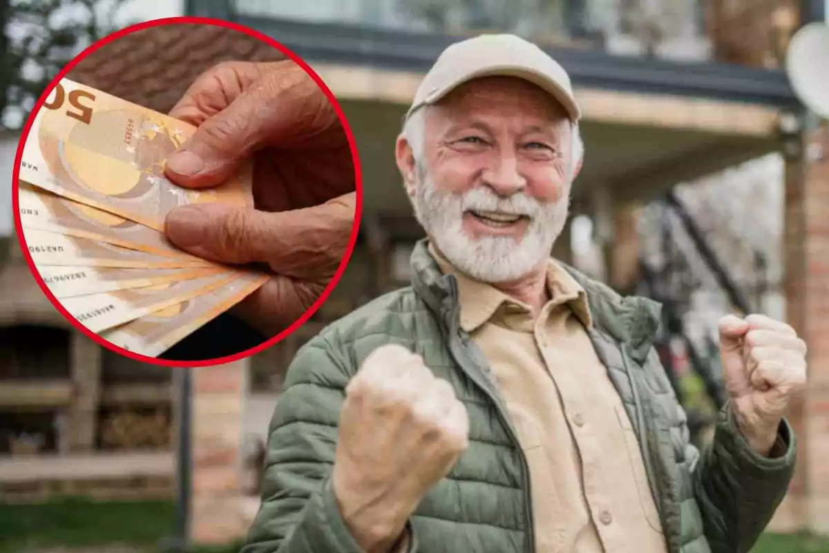 Hombre mayor sonriente con puños levantados y un círculo que muestra una mano sosteniendo billetes de euro.