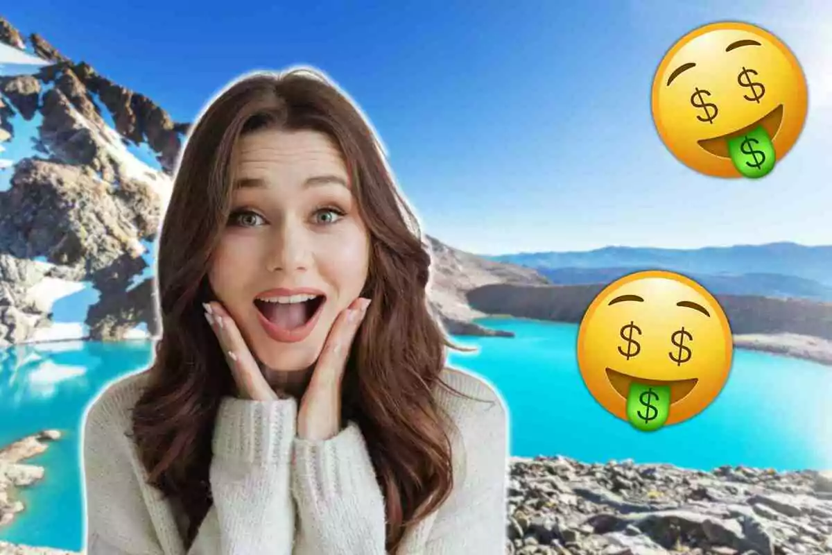 Una mujer sorprendida frente a un paisaje montañoso en La Patagonia con emojis de dinero.