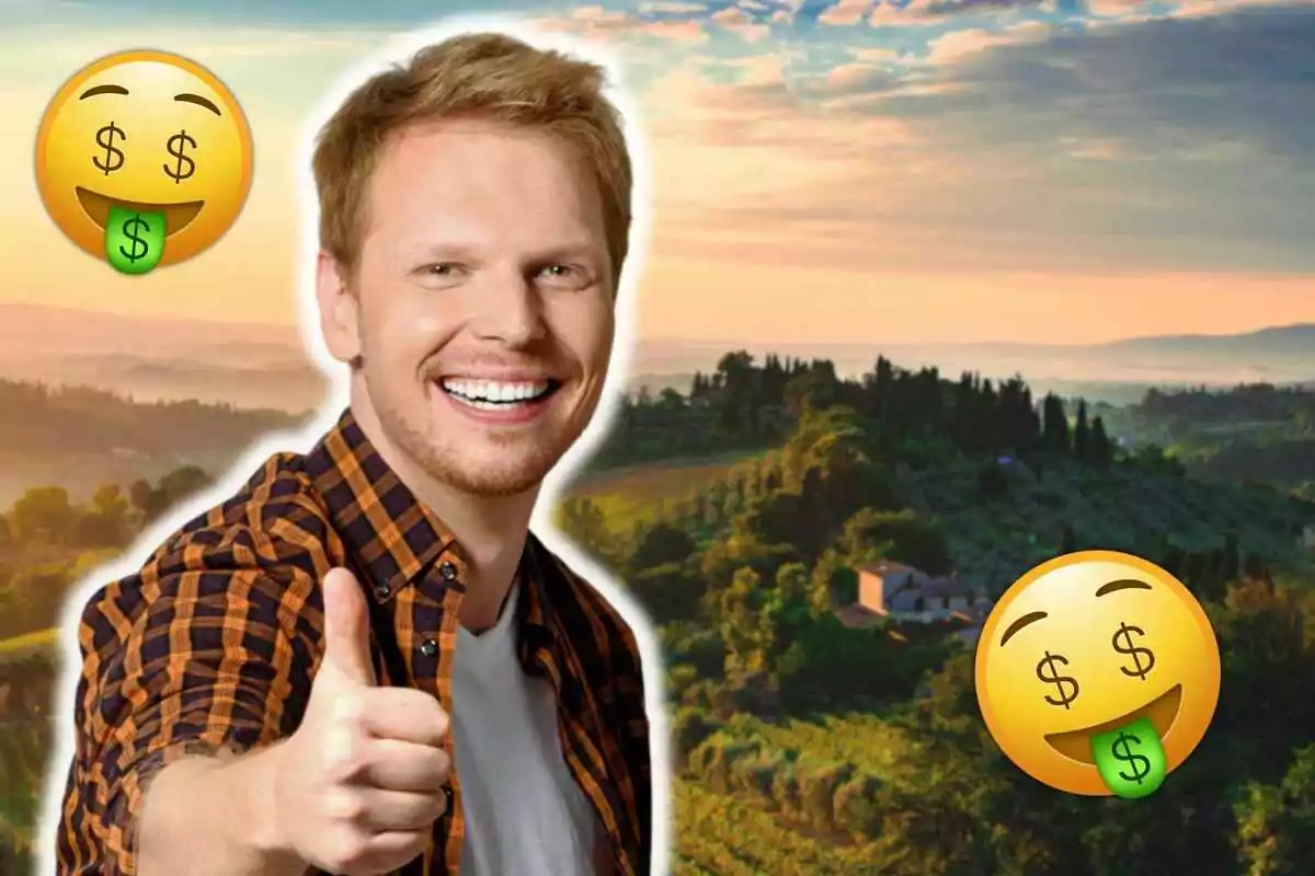 Un hombre sonriente con pulgar hacia arriba sobre un fondo de paisaje campestre con emojis de cara con lengua de dinero.