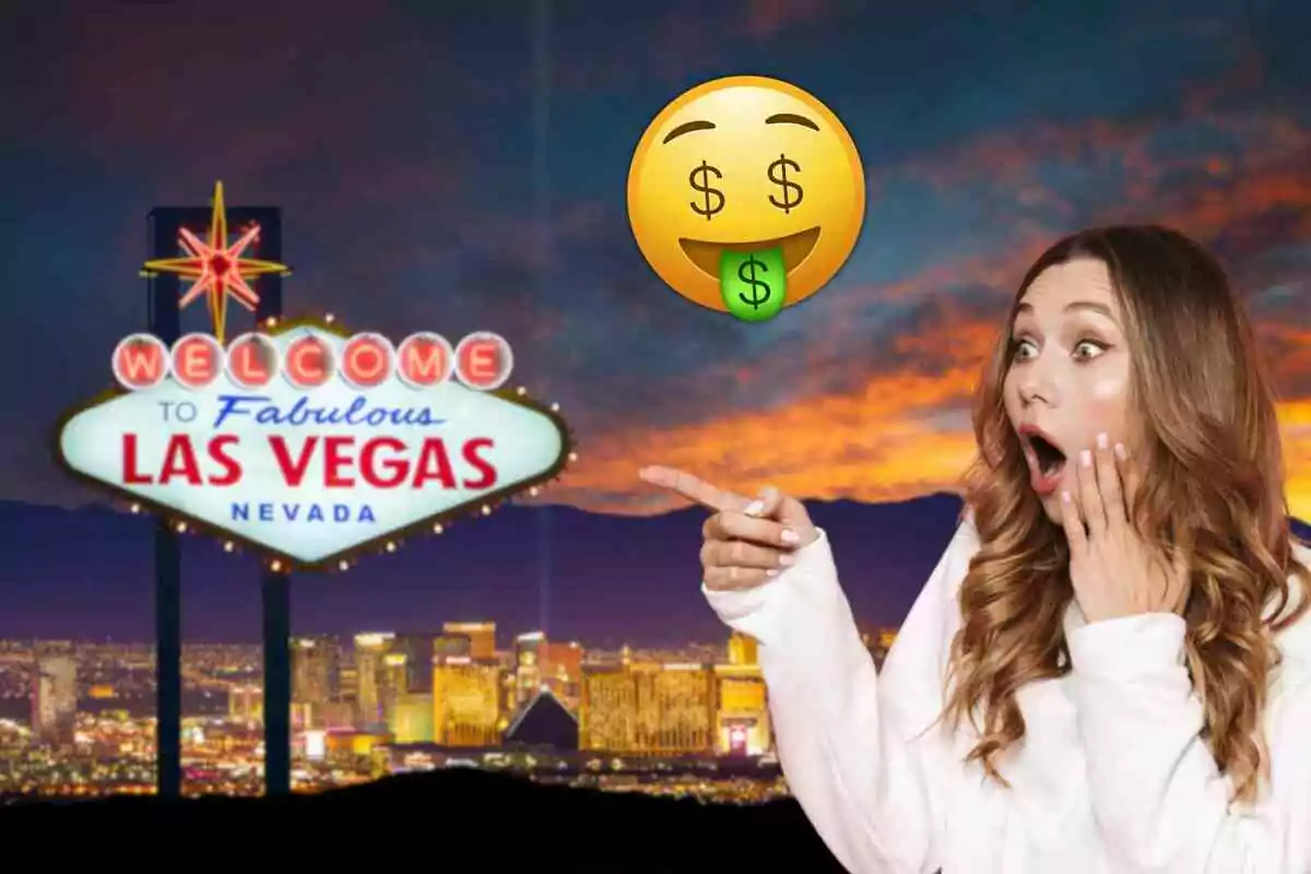 Una mujer sorprendida señala el famoso cartel de bienvenida a Las Vegas con un emoji de dinero flotando sobre ella.