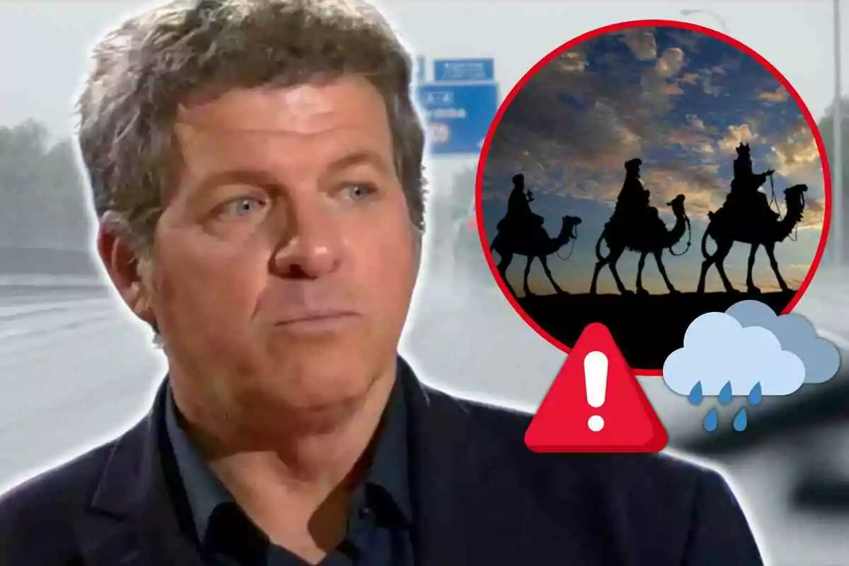 Mario Picazo con expresión seria aparece en primer plano mientras en un círculo se muestra la silueta de tres personas montando camellos al atardecer junto a iconos de advertencia y lluvia.