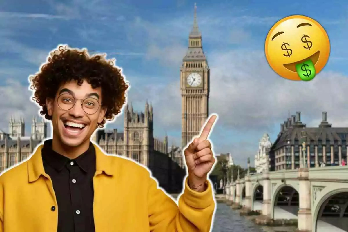 Un hombre sonriente con gafas y chaqueta amarilla señala hacia el Big Ben en Londres, con un emoji de cara con lengua de dinero en el cielo.