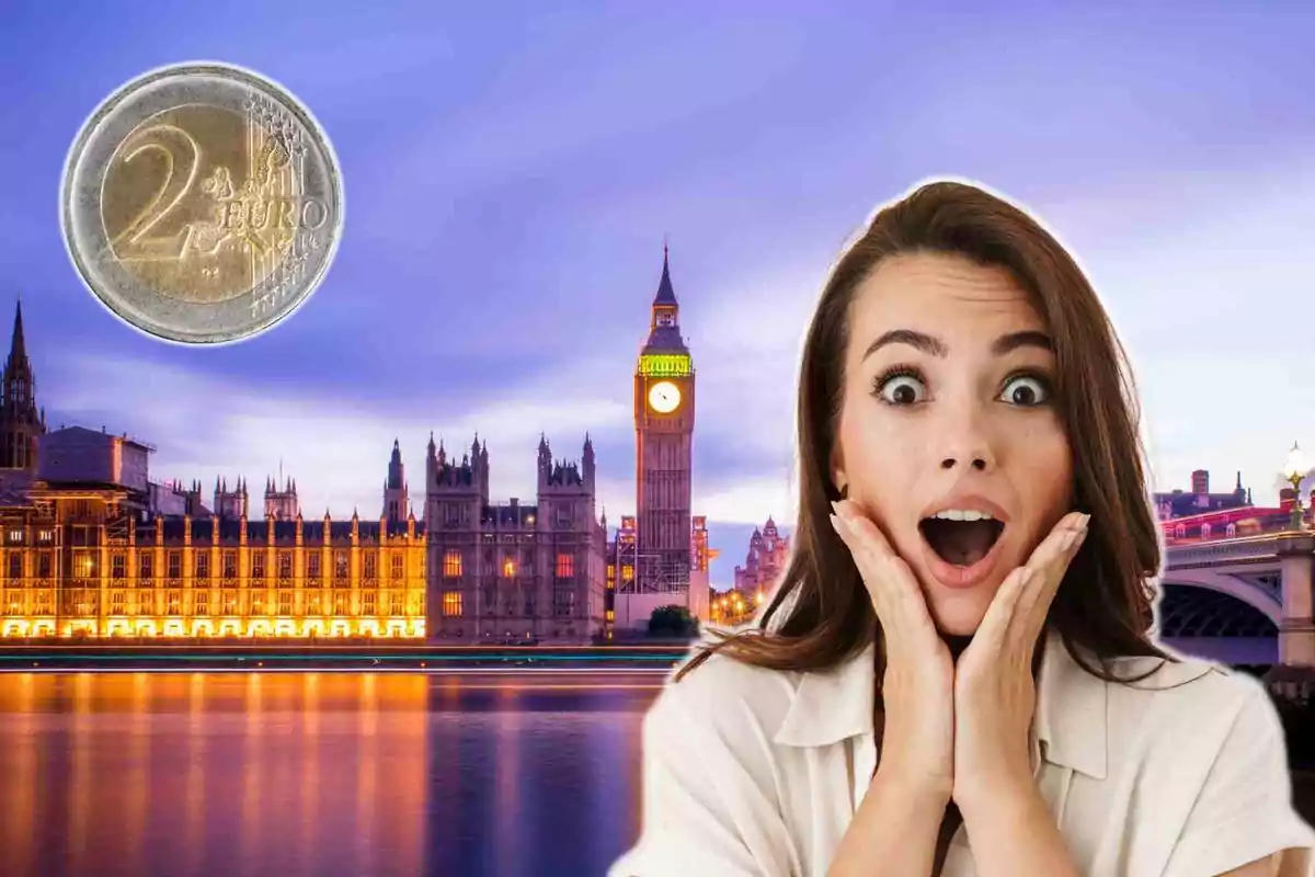 Mujer sorprendida con una moneda de dos euros y el Big Ben de fondo.