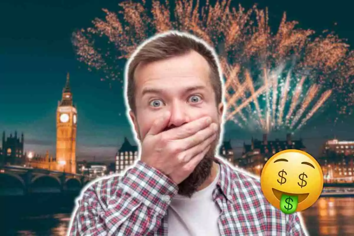 Un hombre sorprendido con la mano en la boca frente al Big Ben y fuegos artificiales, con un emoji de dinero.