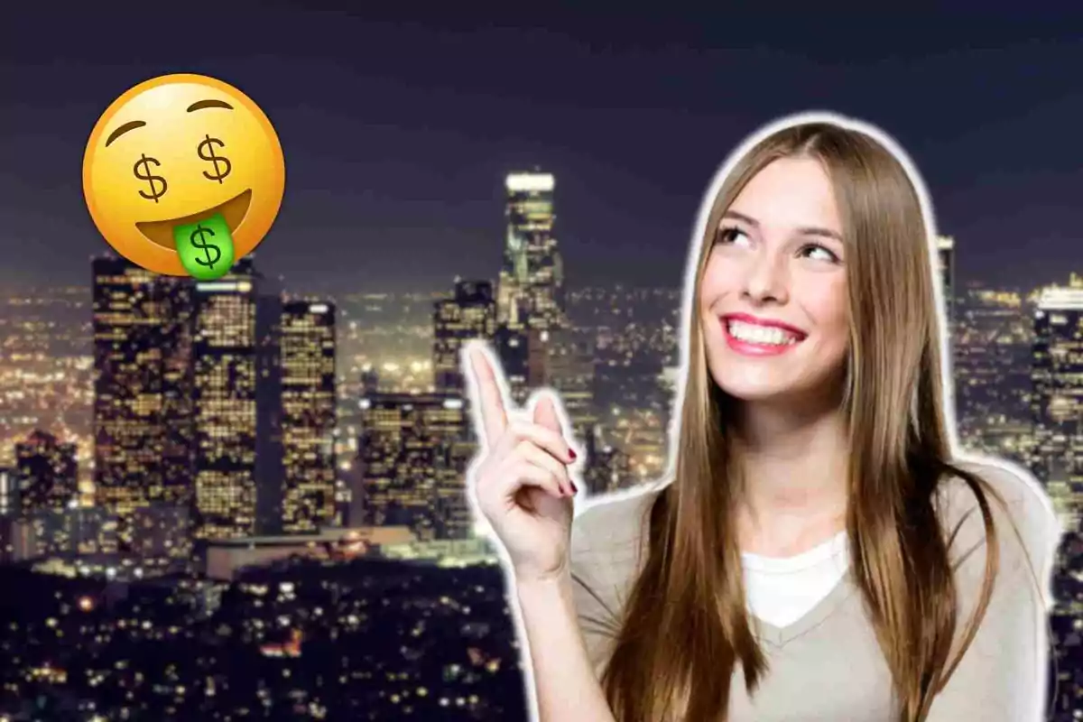 Mujer sonriendo y señalando un emoji de cara con signos de dólar en la lengua sobre un fondo de Los Ángeles iluminado por la noche.