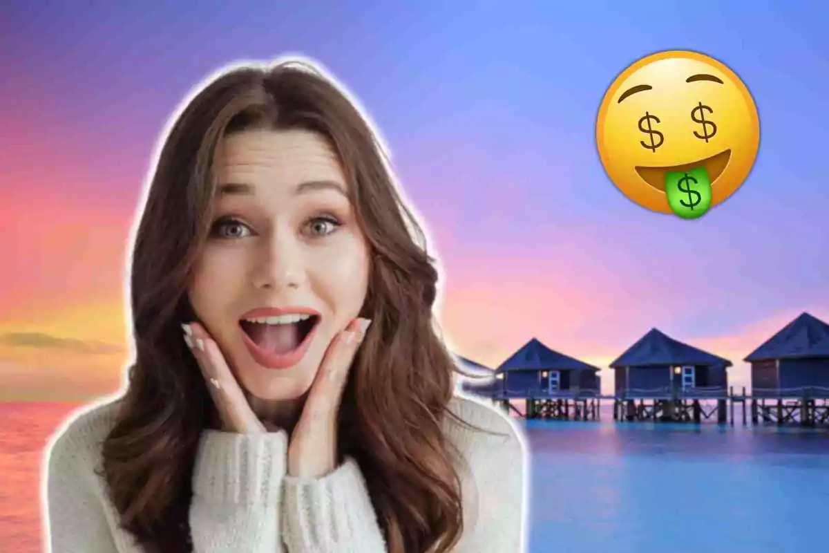 Mujer sorprendida frente a un paisaje de cabañas sobre el agua al atardecer con un emoji de dinero.