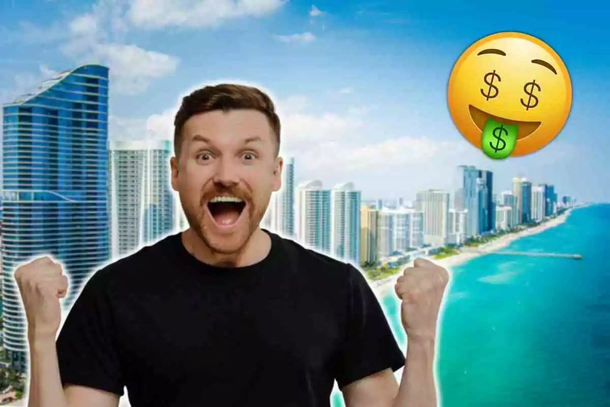 Hombre emocionado con fondo de rascacielos y playa en Miami, junto a un emoji con signos de dólar en los ojos y lengua.