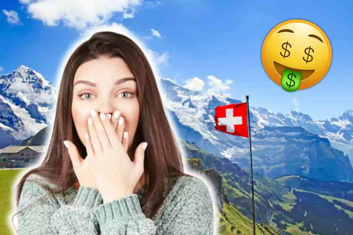 Una mujer sorprendida con las manos en la boca frente a un paisaje montañoso con una bandera suiza y un emoji de dinero.