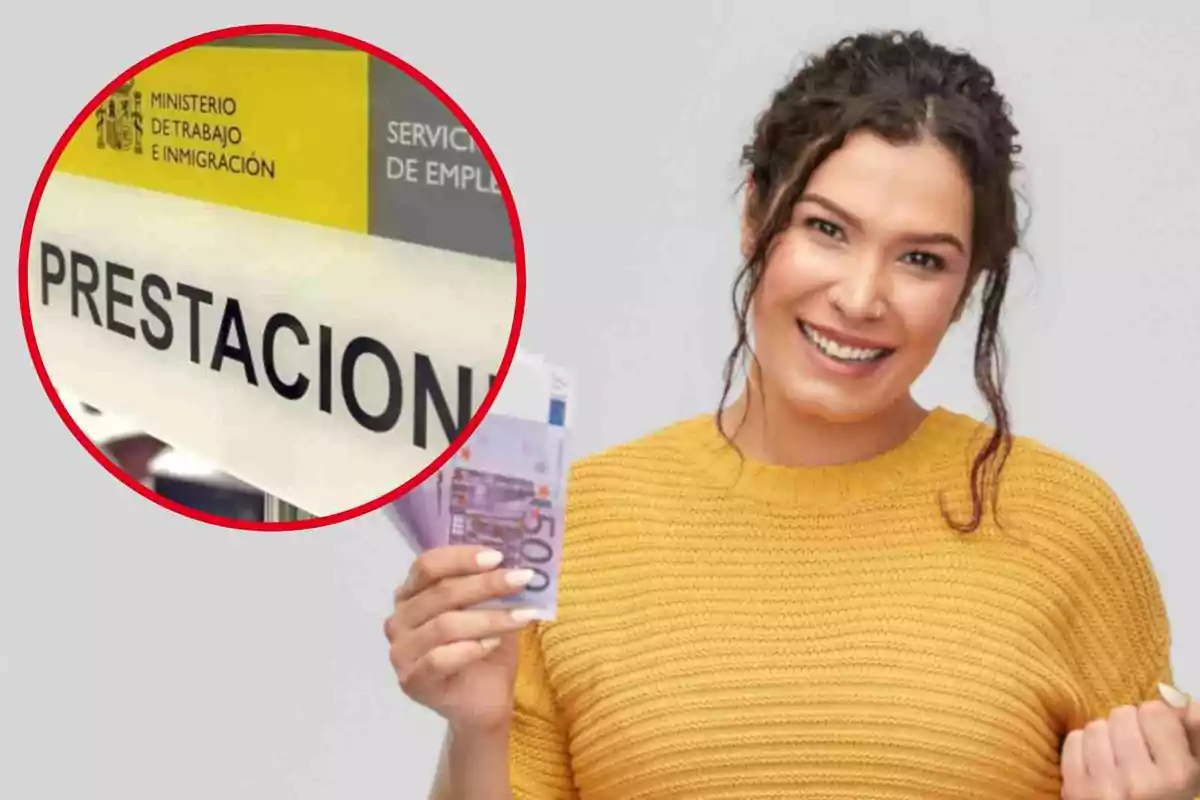 Una mujer sonriente con un suéter amarillo sostiene billetes de euro, mientras que en un recuadro se muestra un letrero del Ministerio de Trabajo e Inmigración con la palabra "PRESTACIONES".