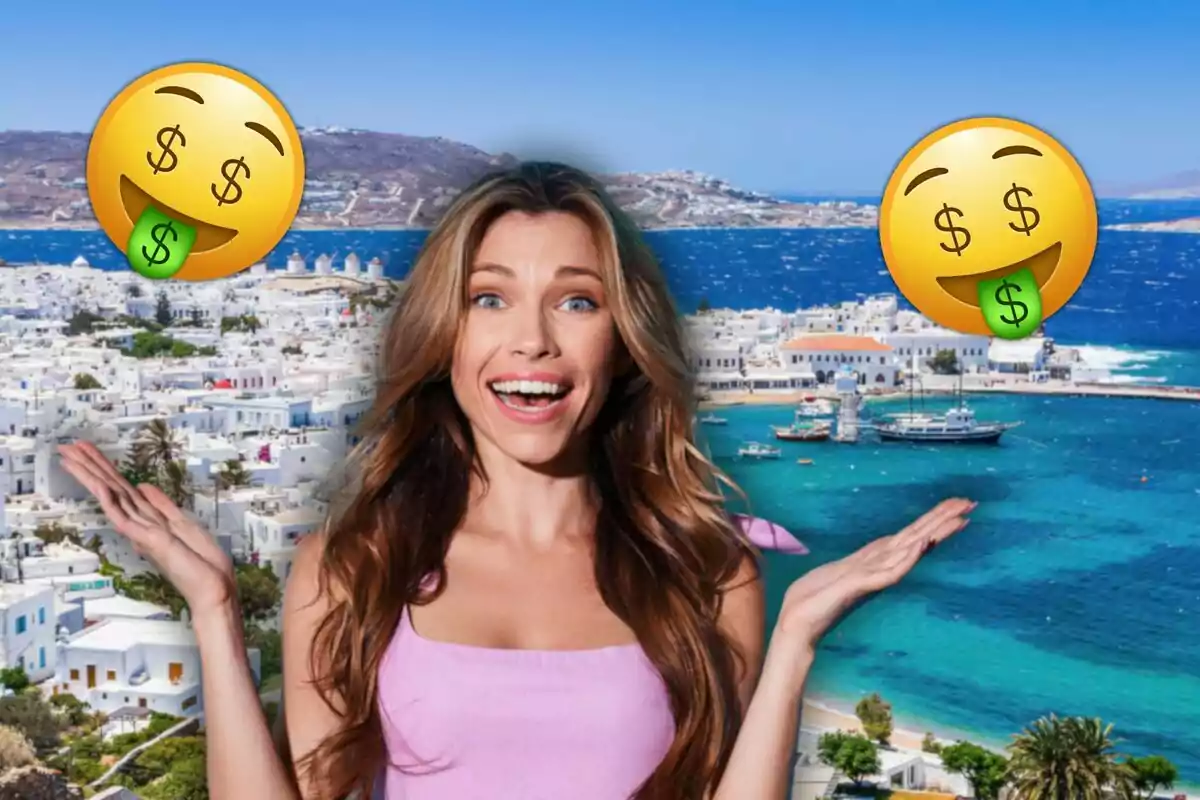 Una mujer sonriente con emojis de dinero sobre un fondo de casas blancas y mar azul en Mykonos.