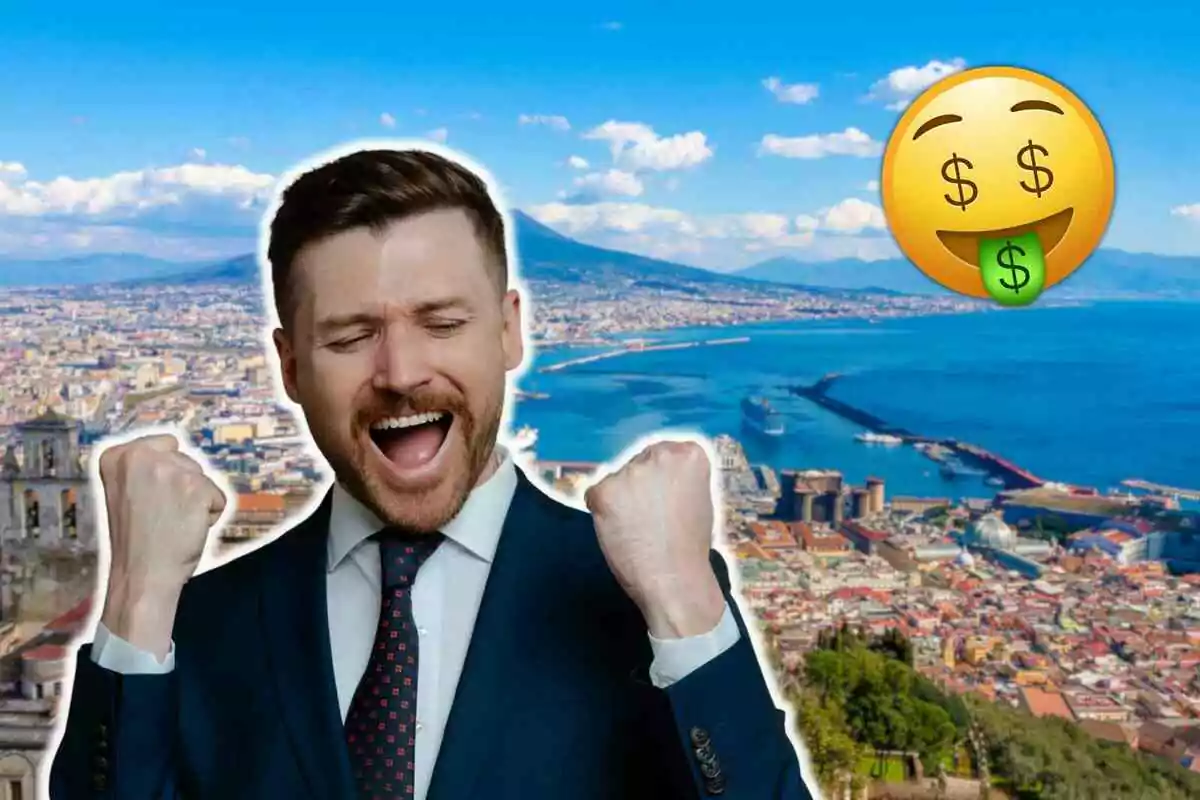 Hombre con traje celebrando con el puño en alto frente a un paisaje costero en Nápoles y un emoji de cara con signos de dólar en los ojos y la lengua.