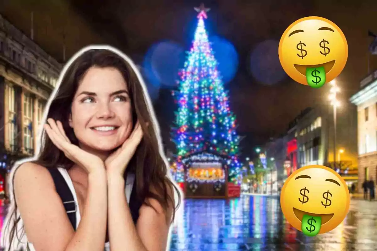 Mujer sonriendo con las manos en la cara frente a un árbol de Navidad iluminado en una calle nocturna con emojis de cara con signos de dólar.