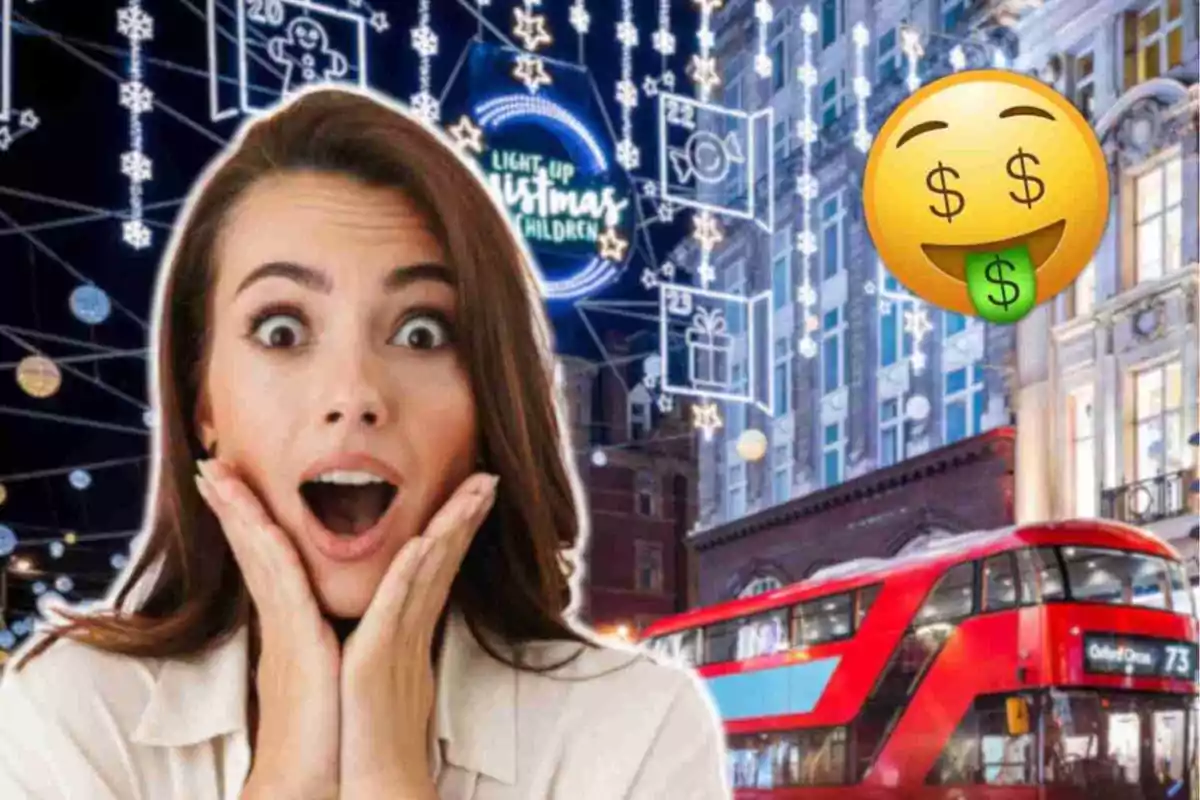 Mujer sorprendida con las manos en el rostro frente a un fondo de luces navideñas y un autobús rojo en Londres con un emoji de dinero.